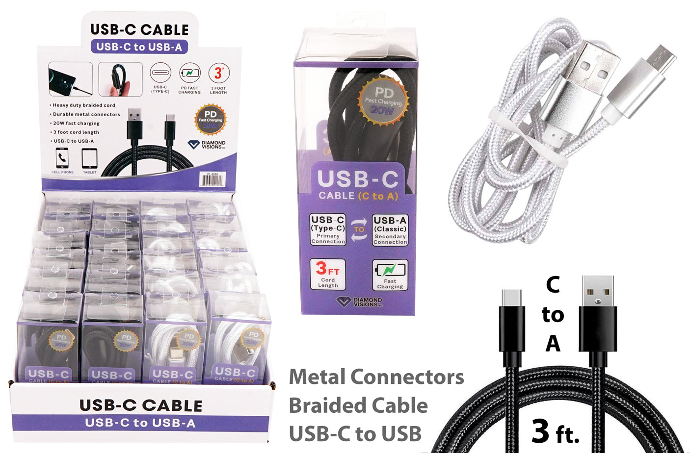 BRAIDED USB-C CABLE 3' C TO A