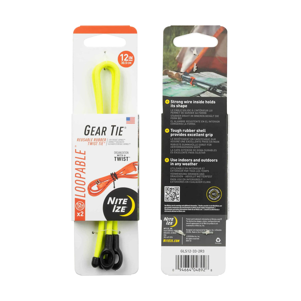 GEARTIE LOOPABLE 12" 2PK NEON YELLOW
