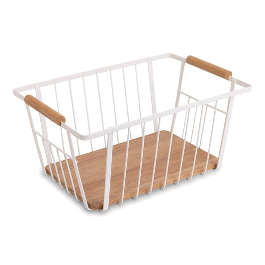 WIRE BASKET W/WOOD ACCENTS MEDIUM, WHITE