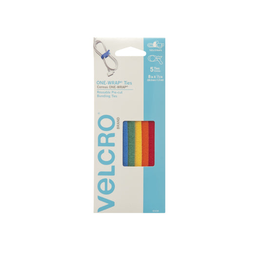 VELCRO ONE WRAP TIES 8"- 5PK ASTD