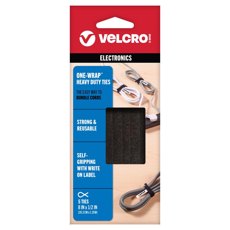 VELCRO ONE WRAP TIES 8"- 5PK WHT