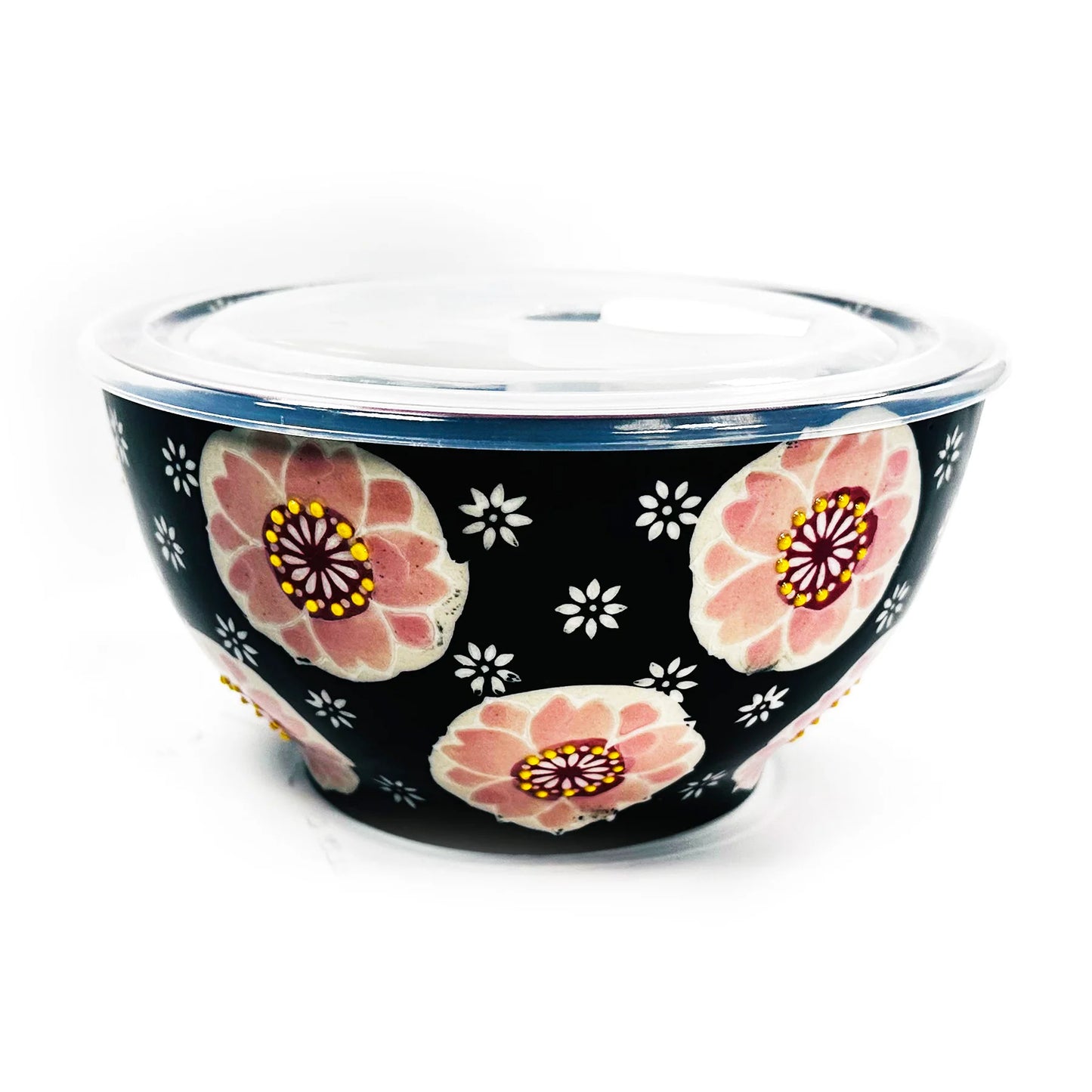 MICRO BOWL W/LID BLACK/PINK BLOSSOMS